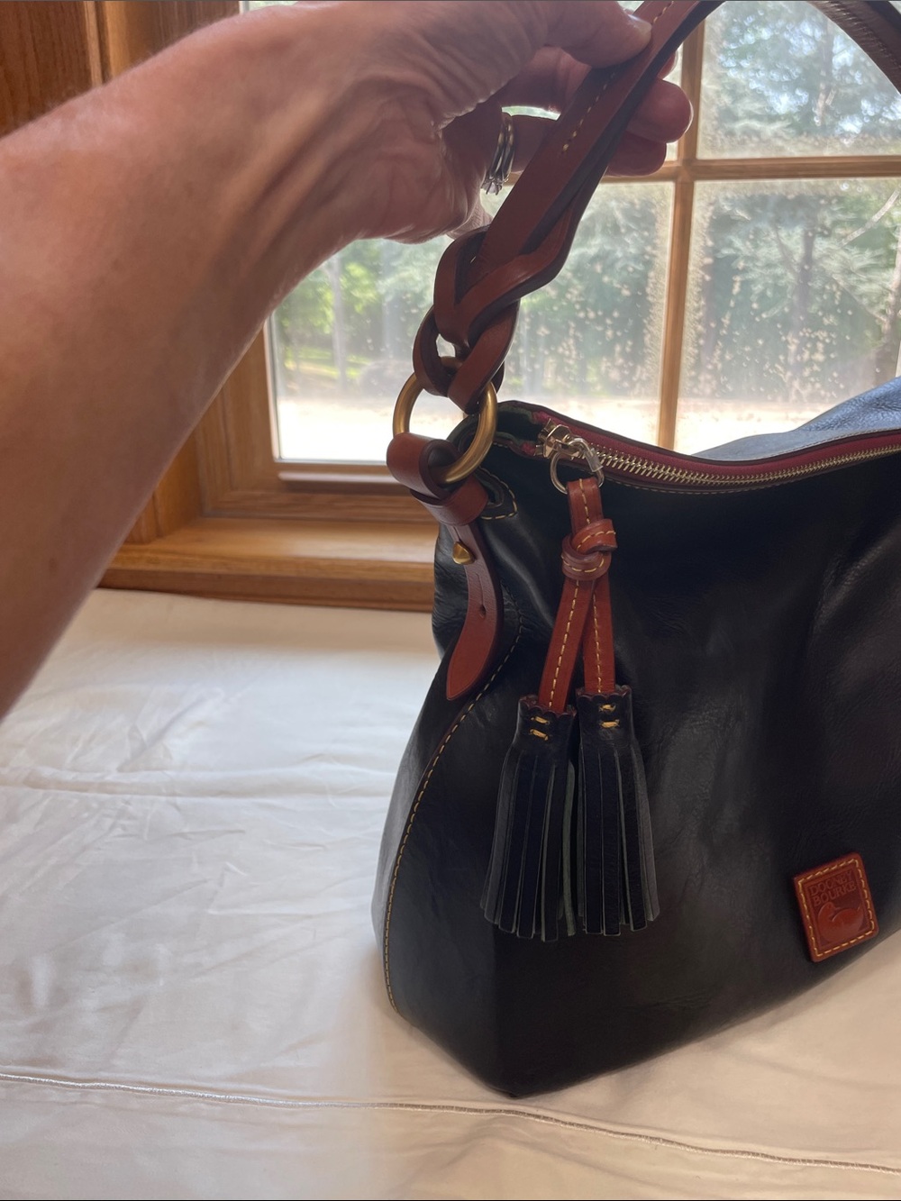 Dooney & Bourke Navy Florentine Twist Strap Hobo Brown Trim and Tassel - Picture 2 of 16